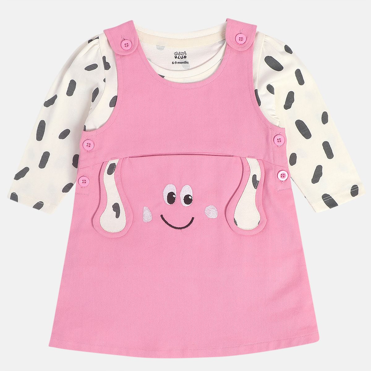 Girls Cotton Full Sleeves Animal Printed Pinny Set - White & Pink