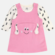 Girls Cotton Full Sleeves Animal Printed Pinny Set - White & Pink