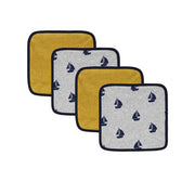Baby Unisex Mustard and Grey Cotton Washcloths Pack of 4 Solid and Sailboat Printed Bath Essentials