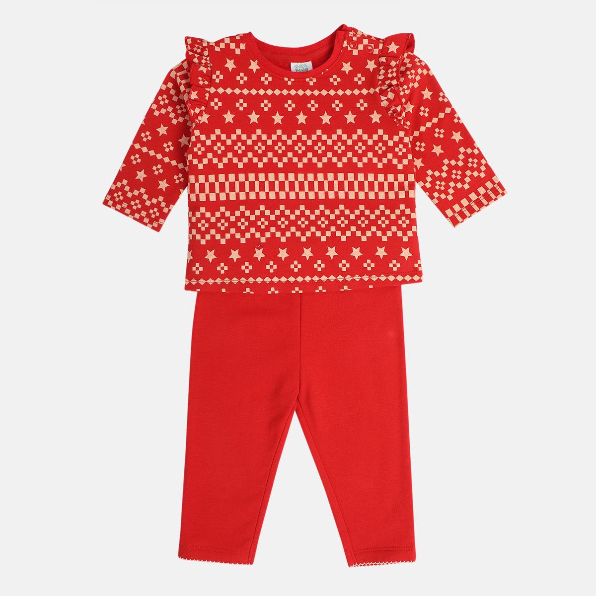 Girls Cotton Full Sleeves Geometric Printed Top & Bottom - Red