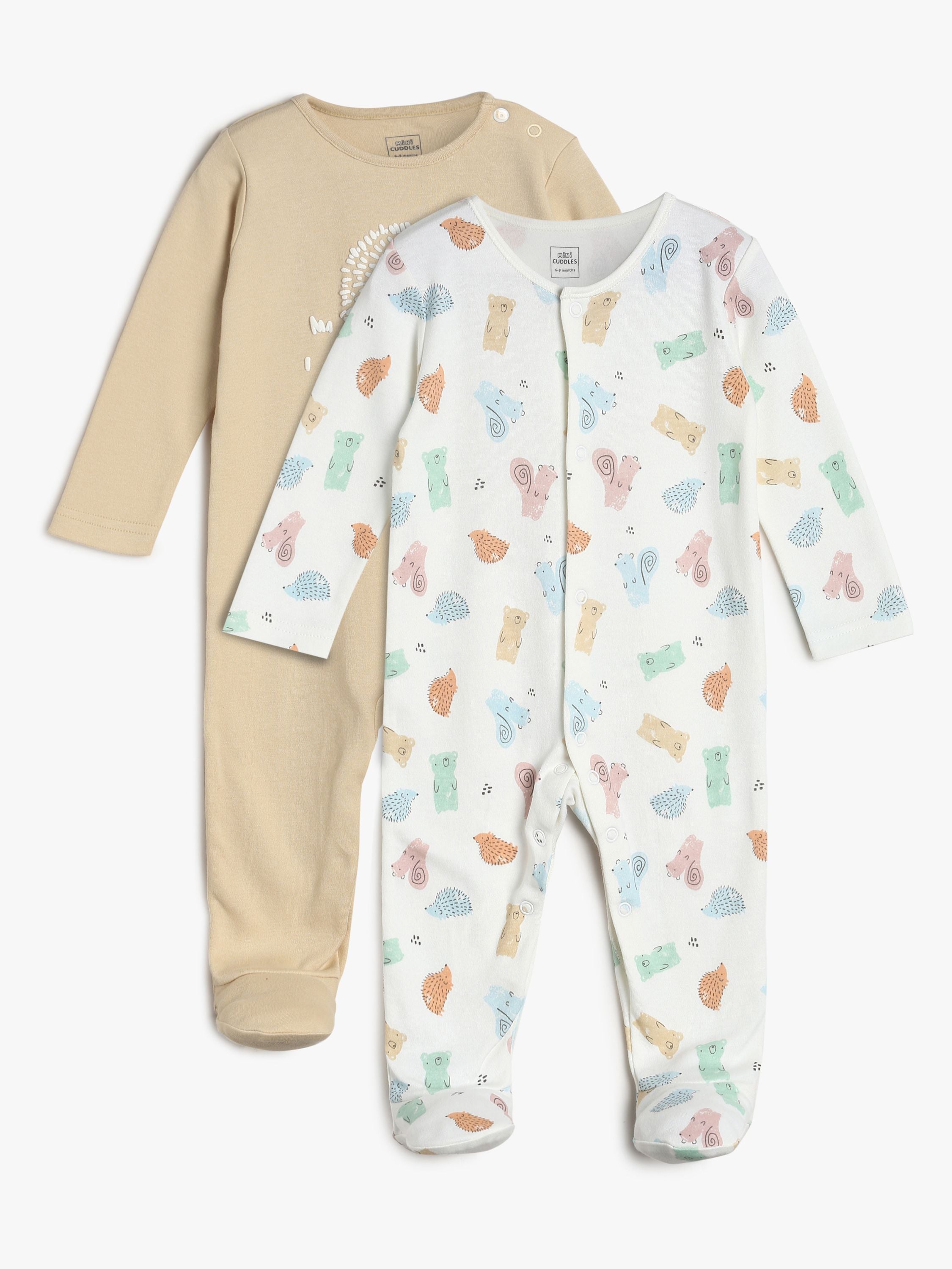 Unisex White and Beige Animal Print Sleepsuit Pack of 2 Full Sleeve Rompers