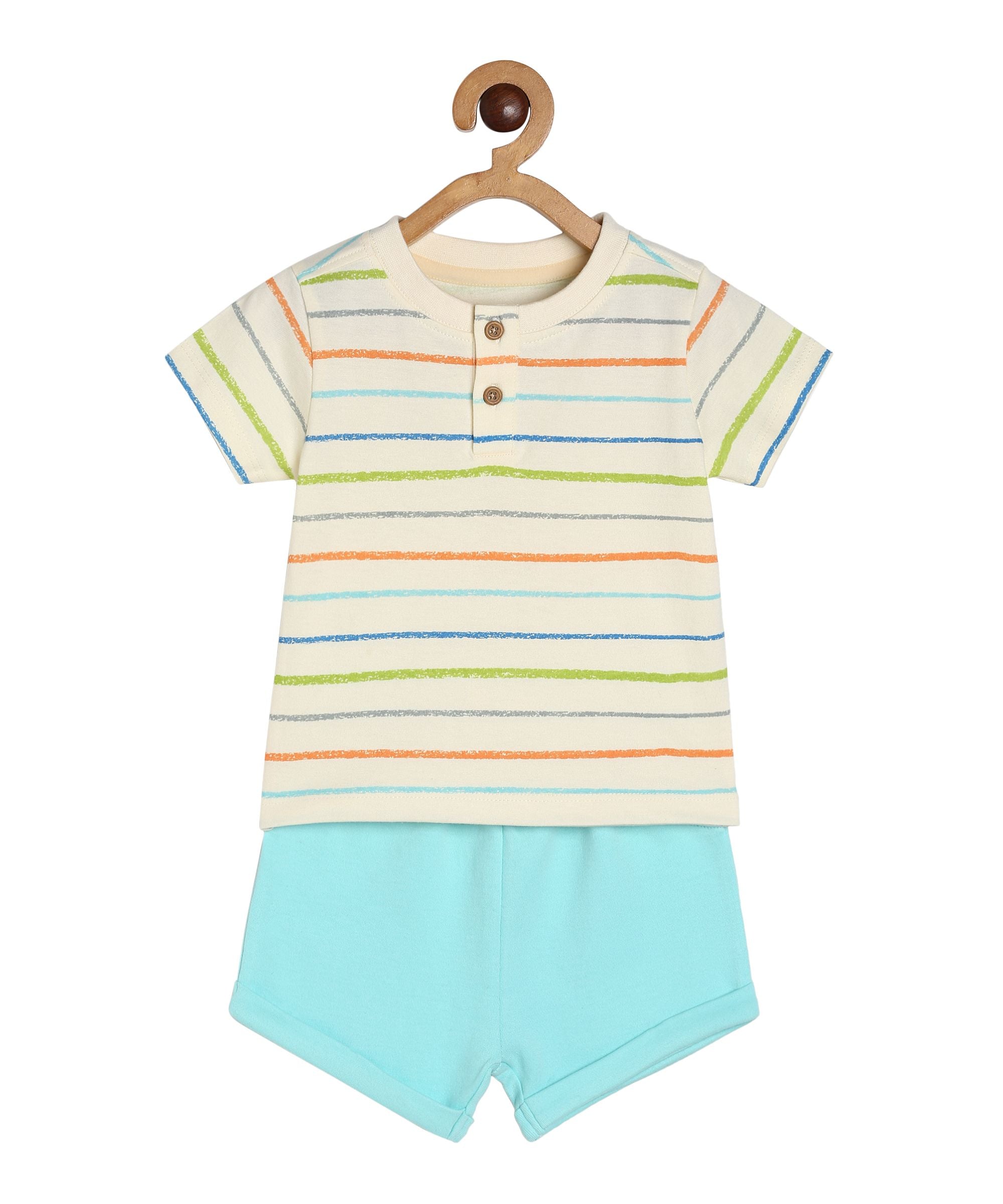 Baby Boys Striped T-Shirt and Solid Shorts Set, Cream & Aqua