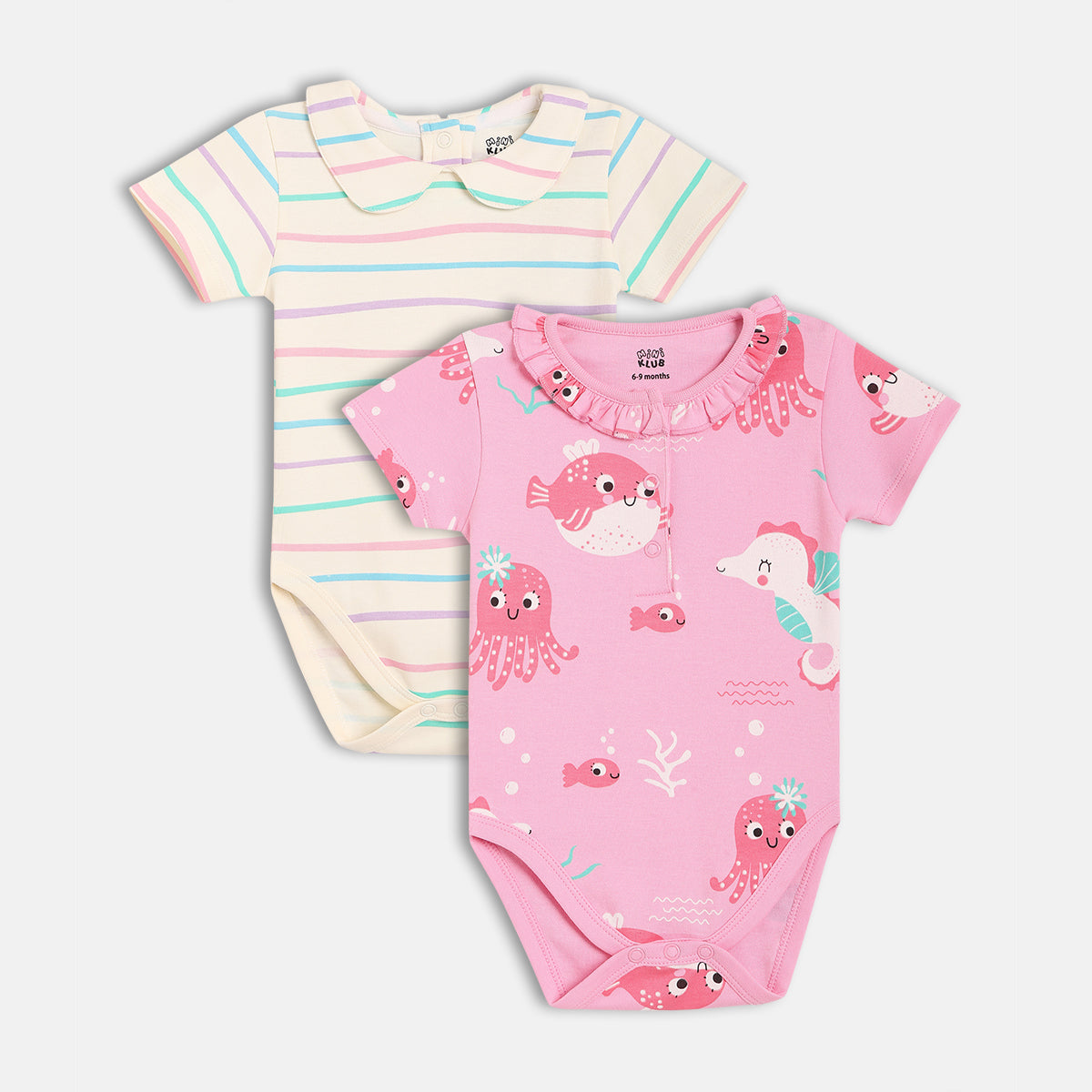 Baby Girls Sea Life Print And Striped Bodysuit Pack Of 2, Pink And Cream