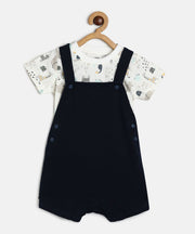 Baby Boys Navy Blue Cotton Dungaree with White Animal Printed T-Shirt Clothing Set