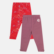 Girls Cotton Pack Of 2 Full Length Solid & Floral Printed Leggings - Purple & Red