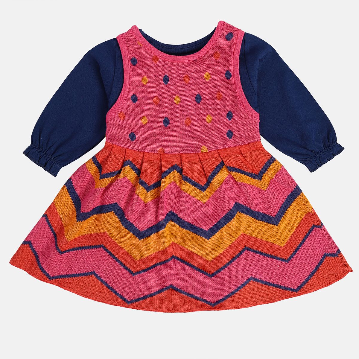 Girls Cotton Full Sleeves Geometric Self Design Pinny Set - Pink & Navy Blue