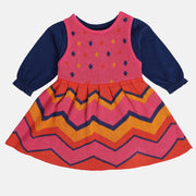 Girls Cotton Full Sleeves Geometric Self Design Pinny Set - Pink & Navy Blue