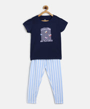 Baby Girls Navy Blue Cotton T-Shirt and Blue Striped Leggings Co-ord Set Regular Fit Casual Wear