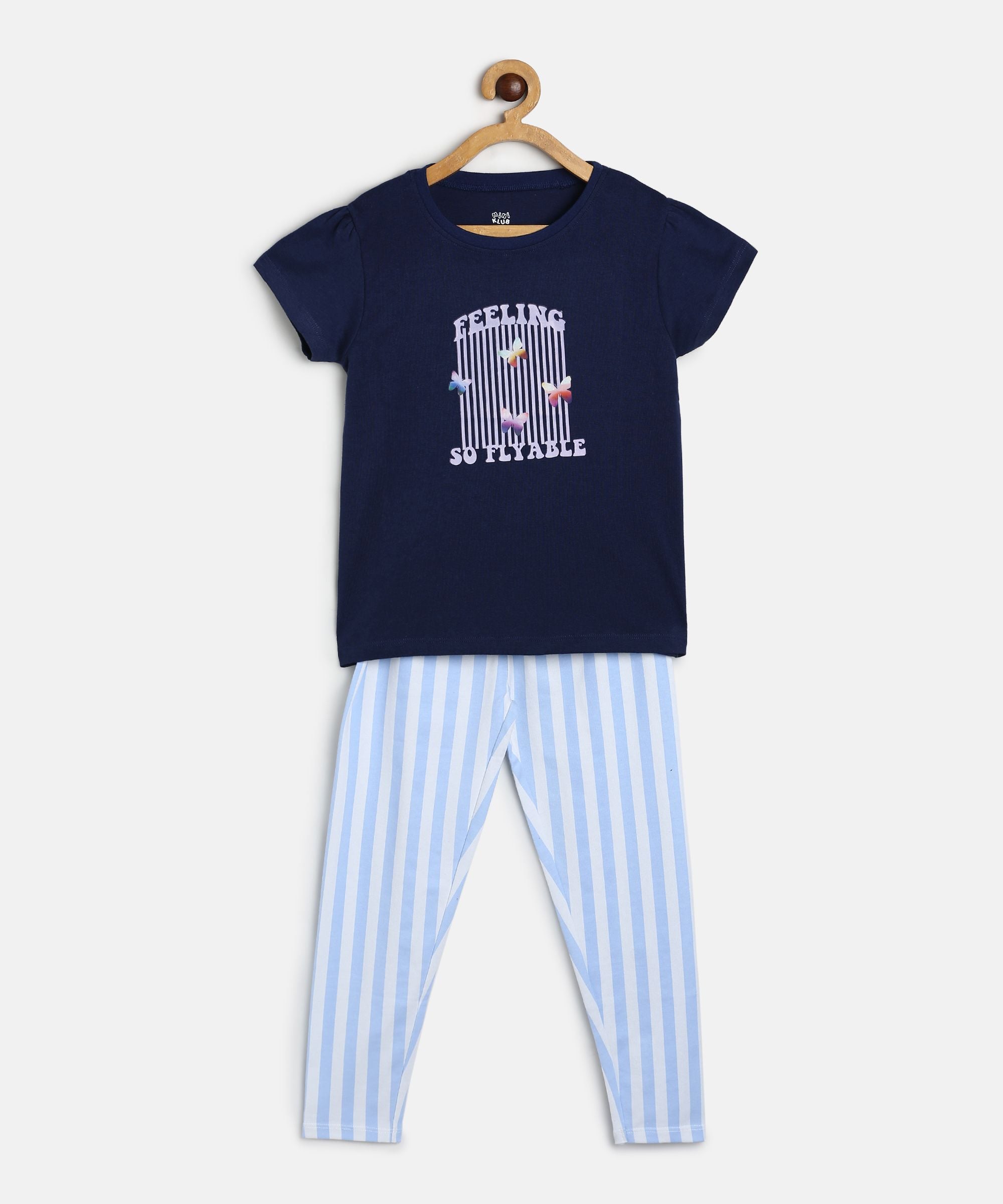 Baby Girls Navy Blue Cotton T-Shirt and Blue Striped Leggings Co-ord Set Regular Fit Casual Wear