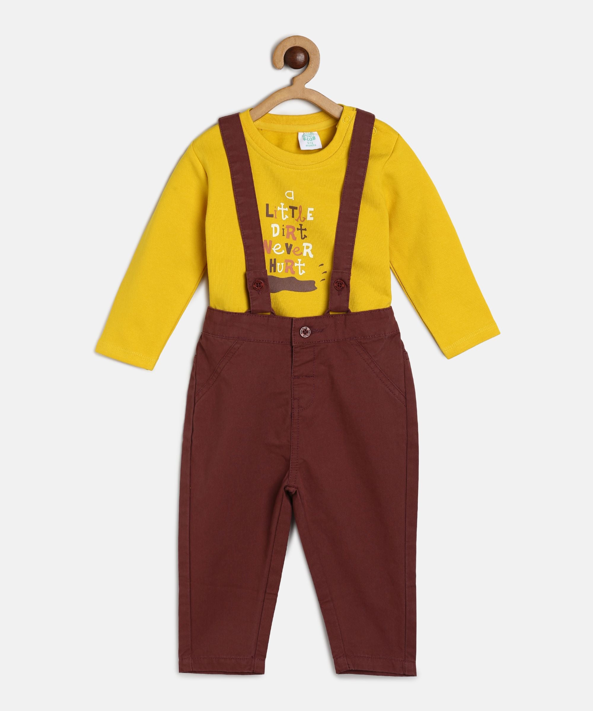 Baby Boys Yellow and Brown Cotton Printed Dungaree Set Regular Fit Casual Wear Set
