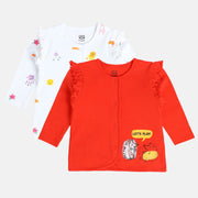 Girls Cotton Pack Of 2 Full Sleeves Animal Printed Front Open Vest - Red & White