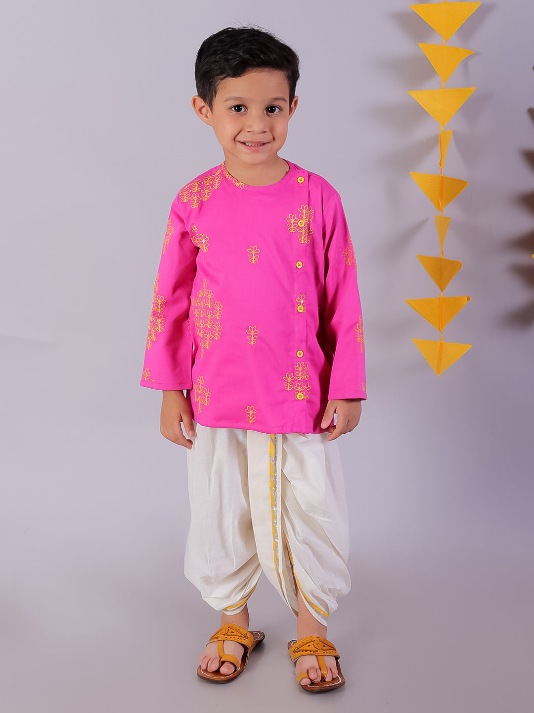 Lil Drama Boys Embroidered Kurta With Dhoti Pants Set, Pink And White