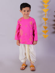 Lil Drama Boys Embroidered Kurta With Dhoti Pants Set, Pink And White