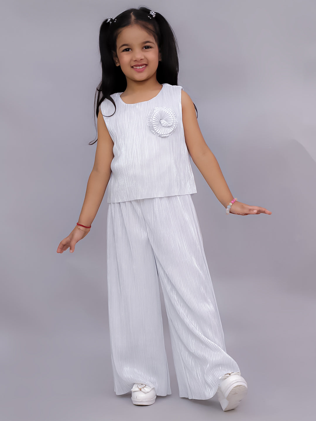 Lil Drama Girls Pleated Sleeveless Top With Palazzo Pants Co-Ord Set, White