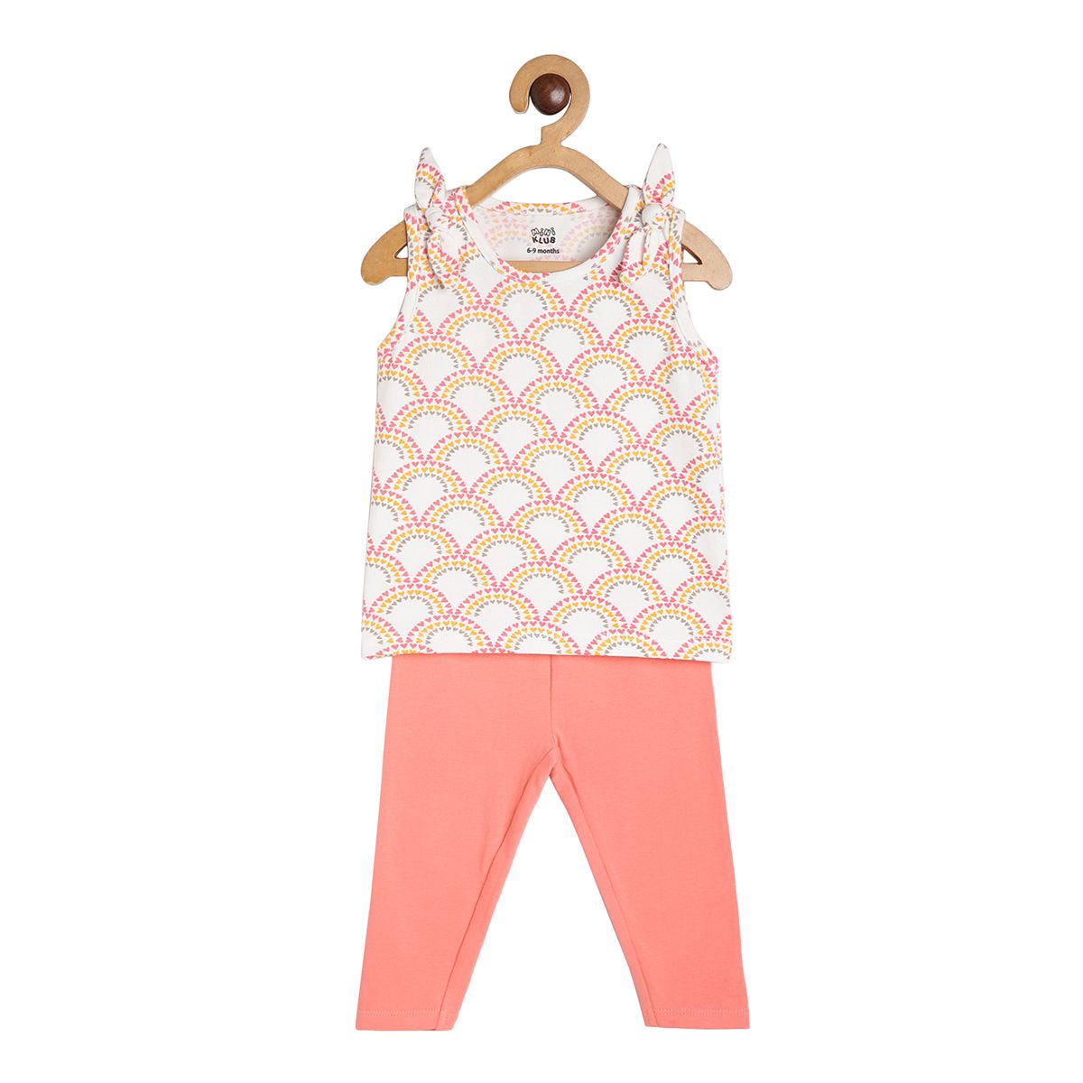 Baby Girls Printed Sleeveless Top with Solid Leggings Set, Off White & Peach
