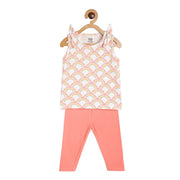 Baby Girls Printed Sleeveless Top with Solid Leggings Set, Off White & Peach
