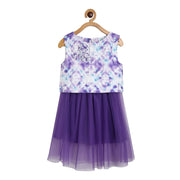 Girls Printed Sleeveless Party Dress with Tulle Skirt, Purple