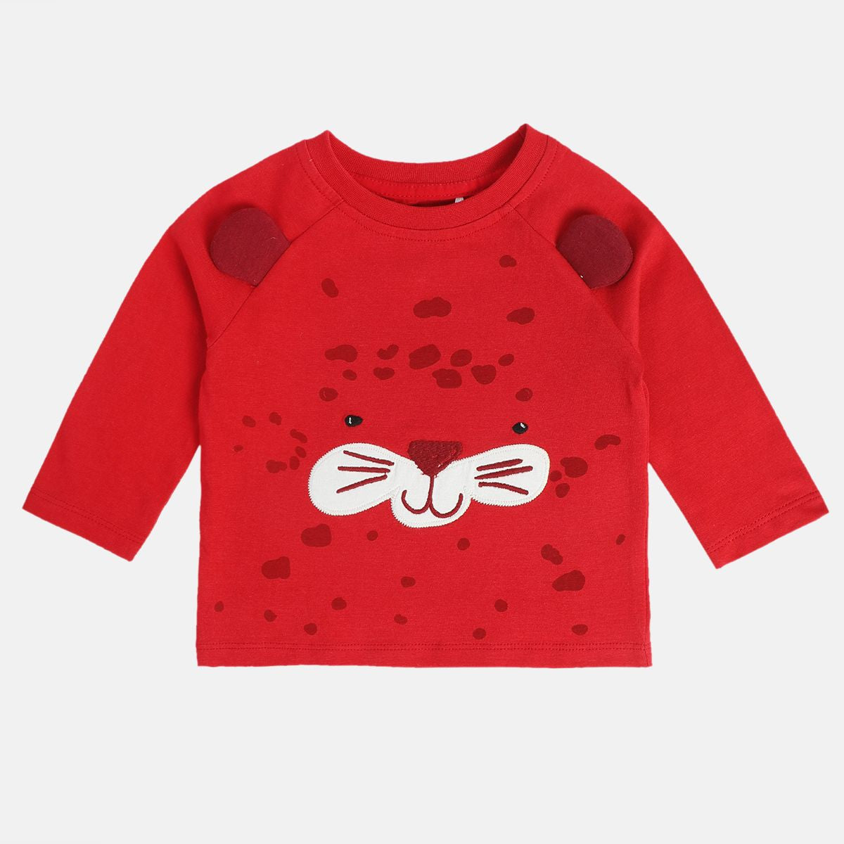 Boys Cotton Full Sleeves Animal Embroidered Tee - Red