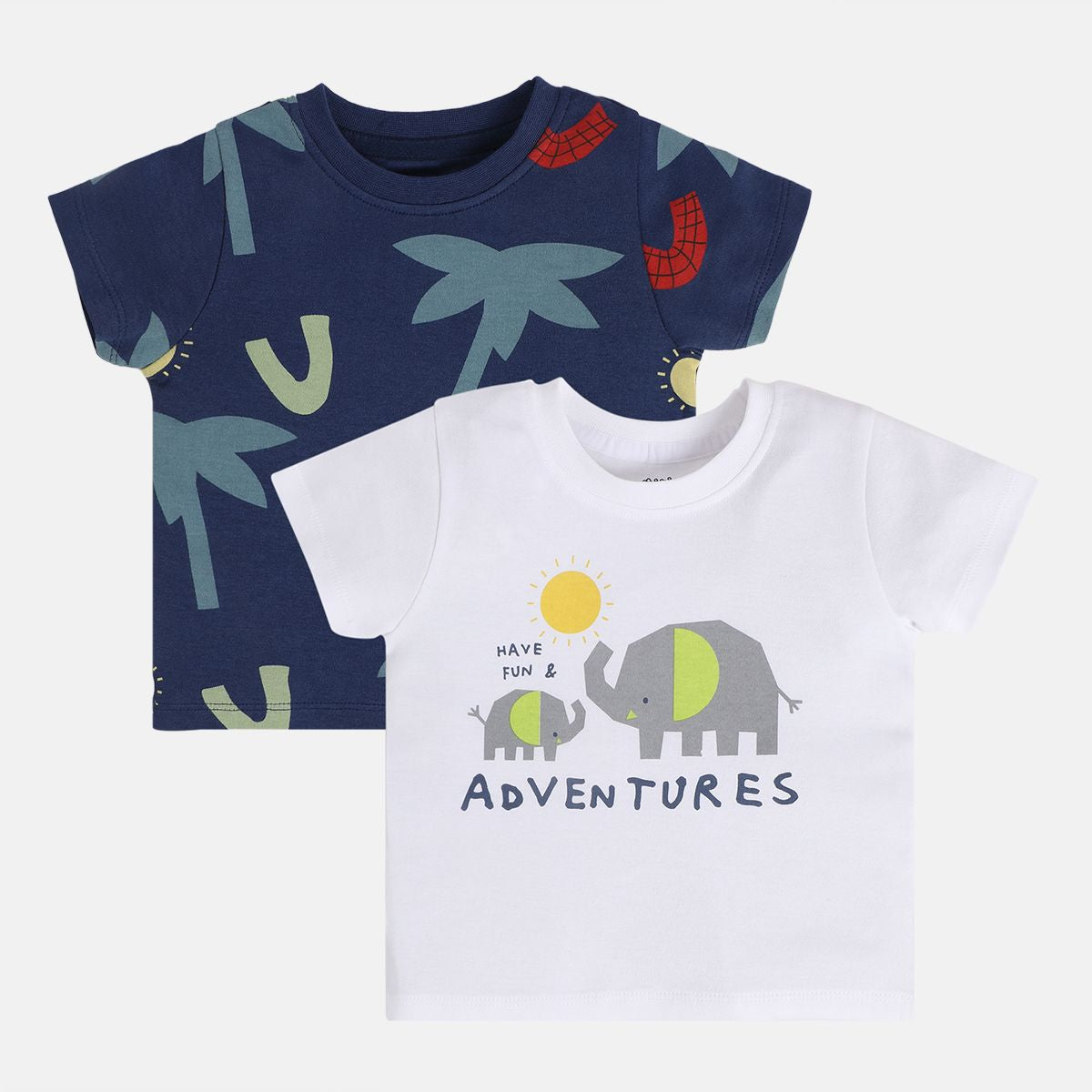 Boys Cotton Pack Of 2 Half Sleeves Trees & Animal Printed T-shirt - Navy Blue & White
