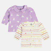 Girls Cotton Pack Of 2 Full Sleeves Rabbit Printed & Striped Front Open Vest - Lavender & White