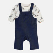 Boys Cotton Full Sleeves Striped Dungaree Set - Navy Blue