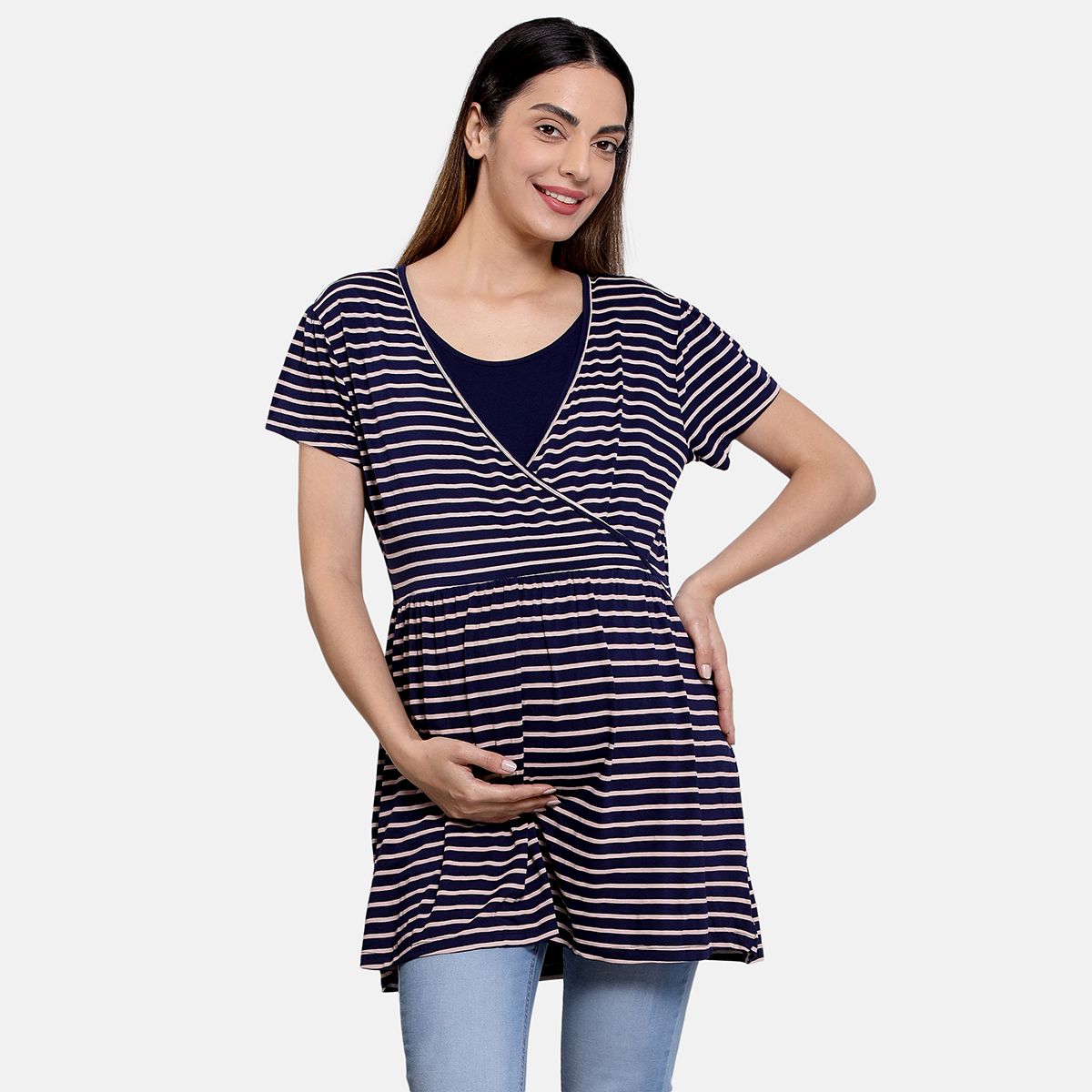 Peacoat Vee Neck Short Sleeve Nursing Knit Top