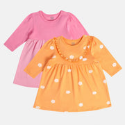 Girls Minklub Cotton Pack Of 2 Full Sleeves Checks & Clouds Printed Dress - Pink & Orange