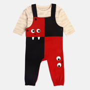 Boys Cotton Full Sleeves Colorblocked Dungaree Set - Red & Black