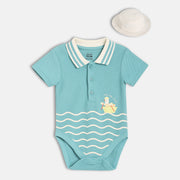 Baby Boys Boat Print Bodysuit With Hat, Blue And White