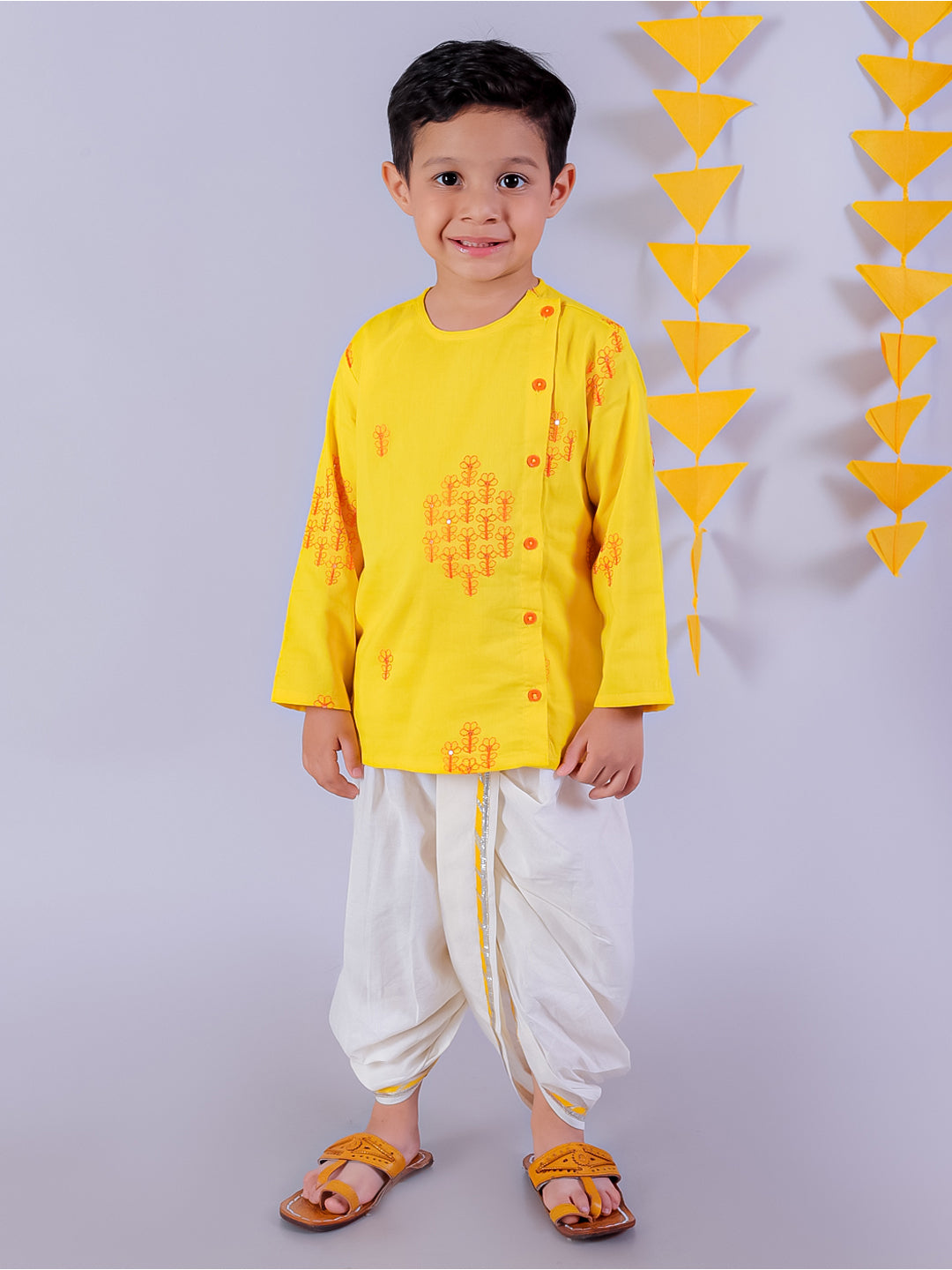 Lil Drama Boys Embroidered Kurta With Dhoti Pants Set, Yellow And White
