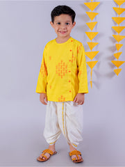 Lil Drama Boys Embroidered Kurta With Dhoti Pants Set, Yellow And White