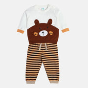 Boys Cotton Full Sleeves Animal Embroidered Clothing Set - White & Brown