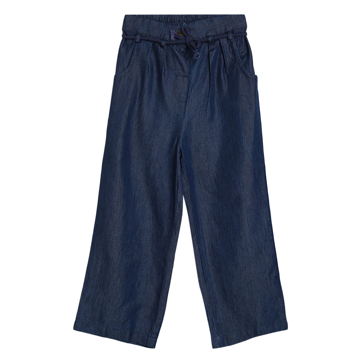 Girls Solid Denim Pants with Drawstring Waist, Dark Blue