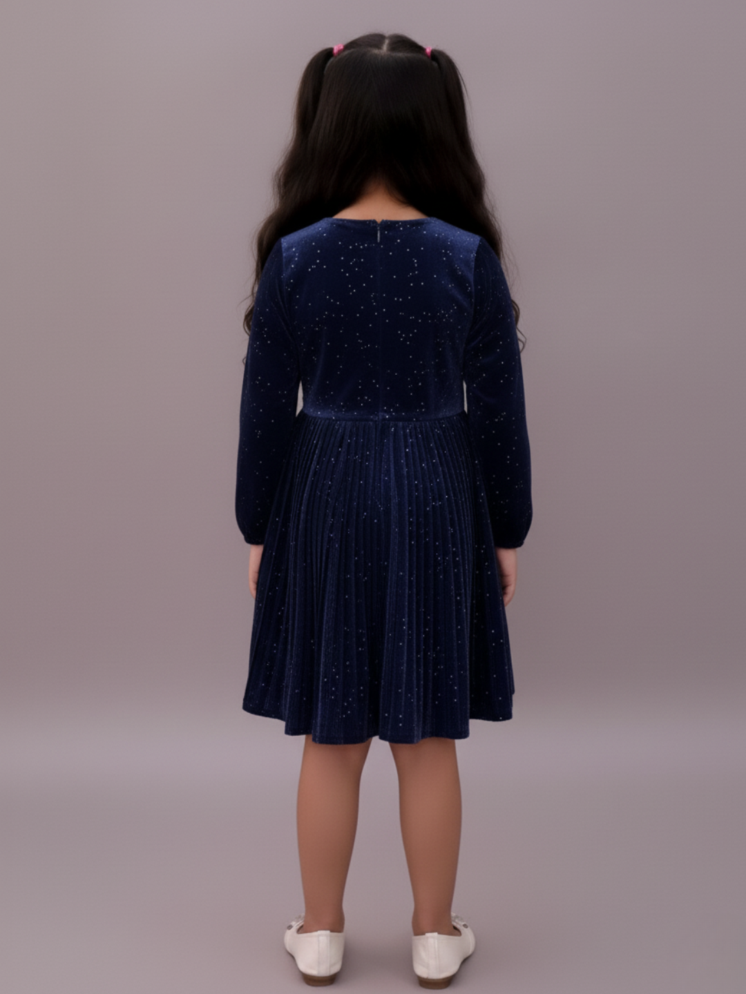 Lil Drama Girls Shimmer Pleated Full Sleeve Dress, Navy Blue