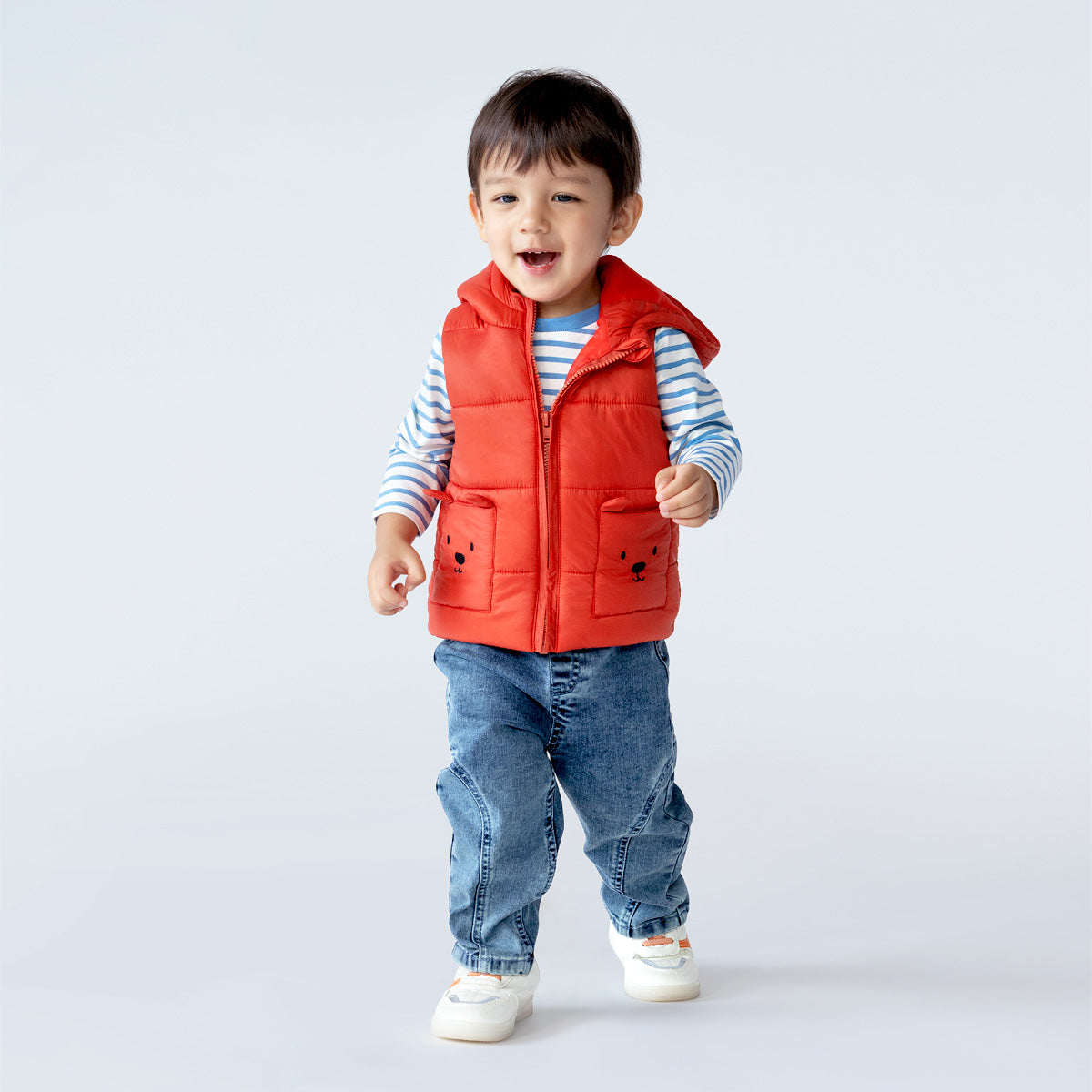 Baby Boys Orange Hooded Puffer Jacket Sleeveless Winter Vest with Animal Pocket Detail
