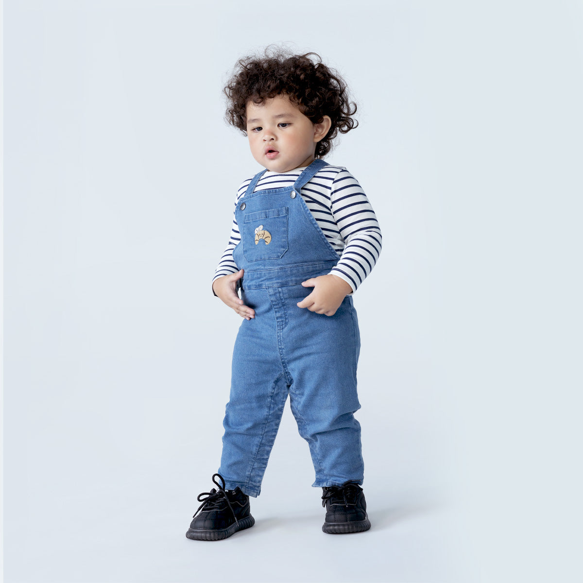 Baby Boys Blue Denim Dungaree with White & Navy Striped Full Sleeves T-Shirt Casual Outfit Set