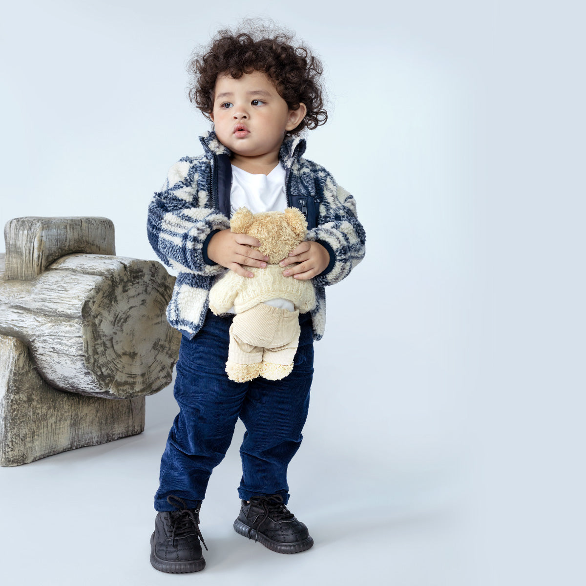 Baby Boys Navy Blue Checked Teddy Fleece Jacket Full Sleeves Front Open Winter Jacket