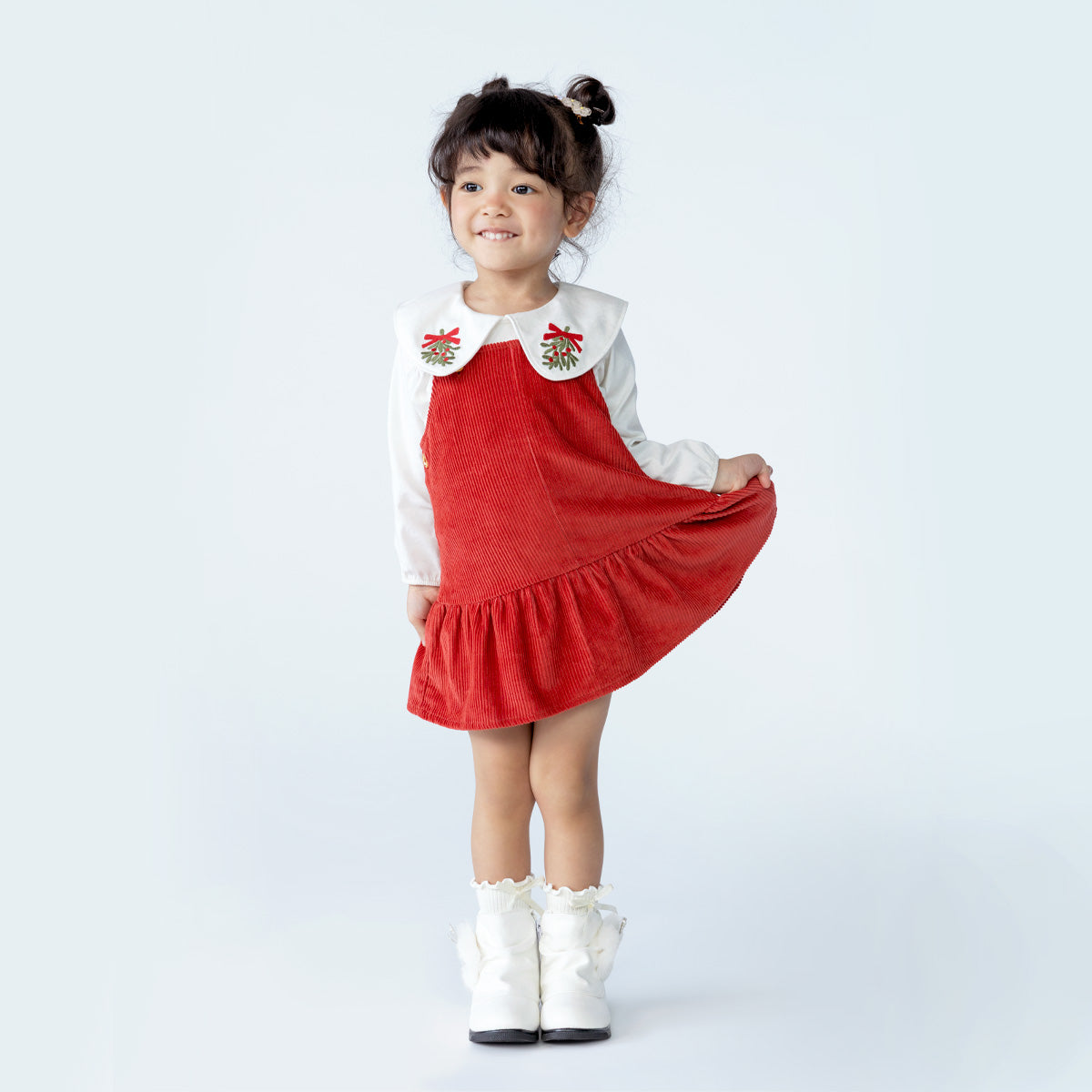 Baby Girls Red Corduroy Pinny Dress with White T-Shirt Casual Outfit Set