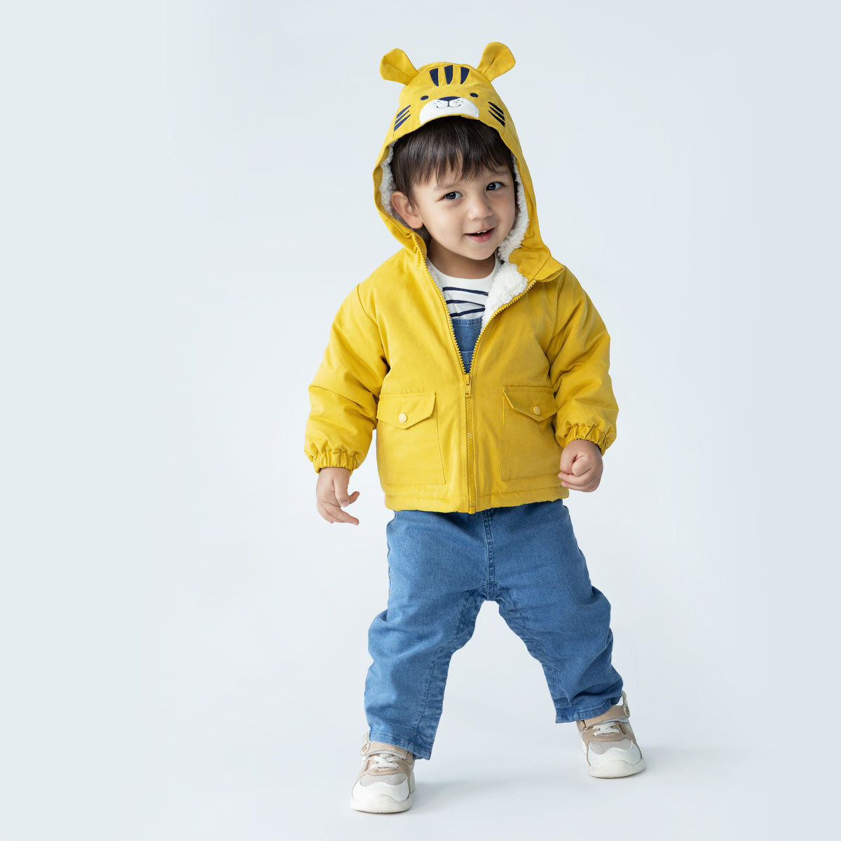Baby Boys Yellow Hooded Padded Jacket Full Sleeves Front Open Winter Jacket with Tiger Face Hood