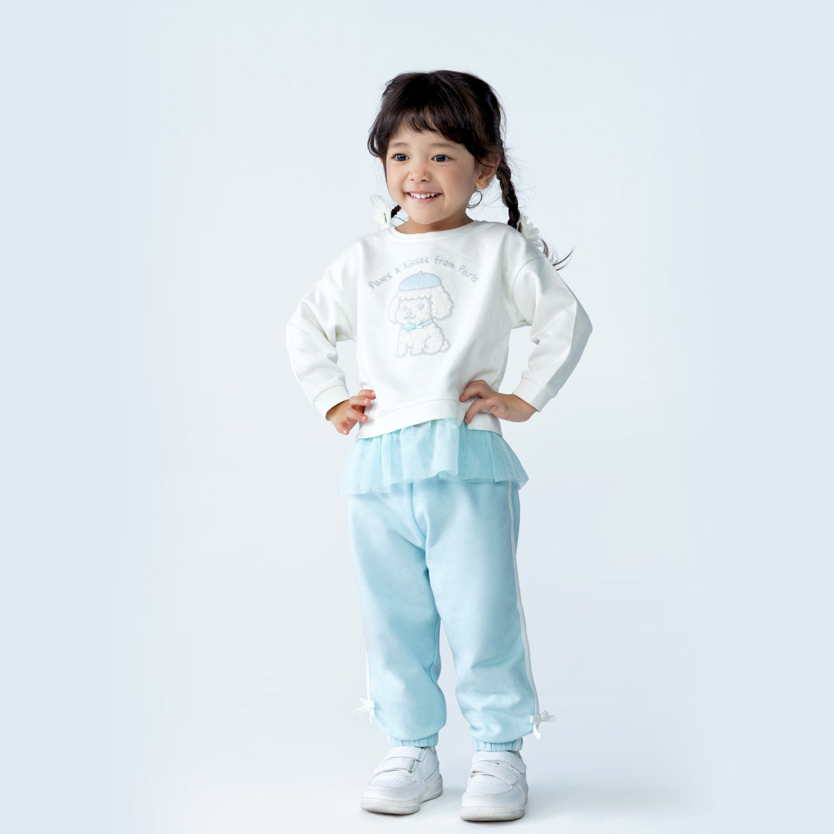 Baby Girls Off White And Light Blue Cotton Blend Dog Embroidered Sweatshirt Pack of 1 Regular Fit Casual Wear