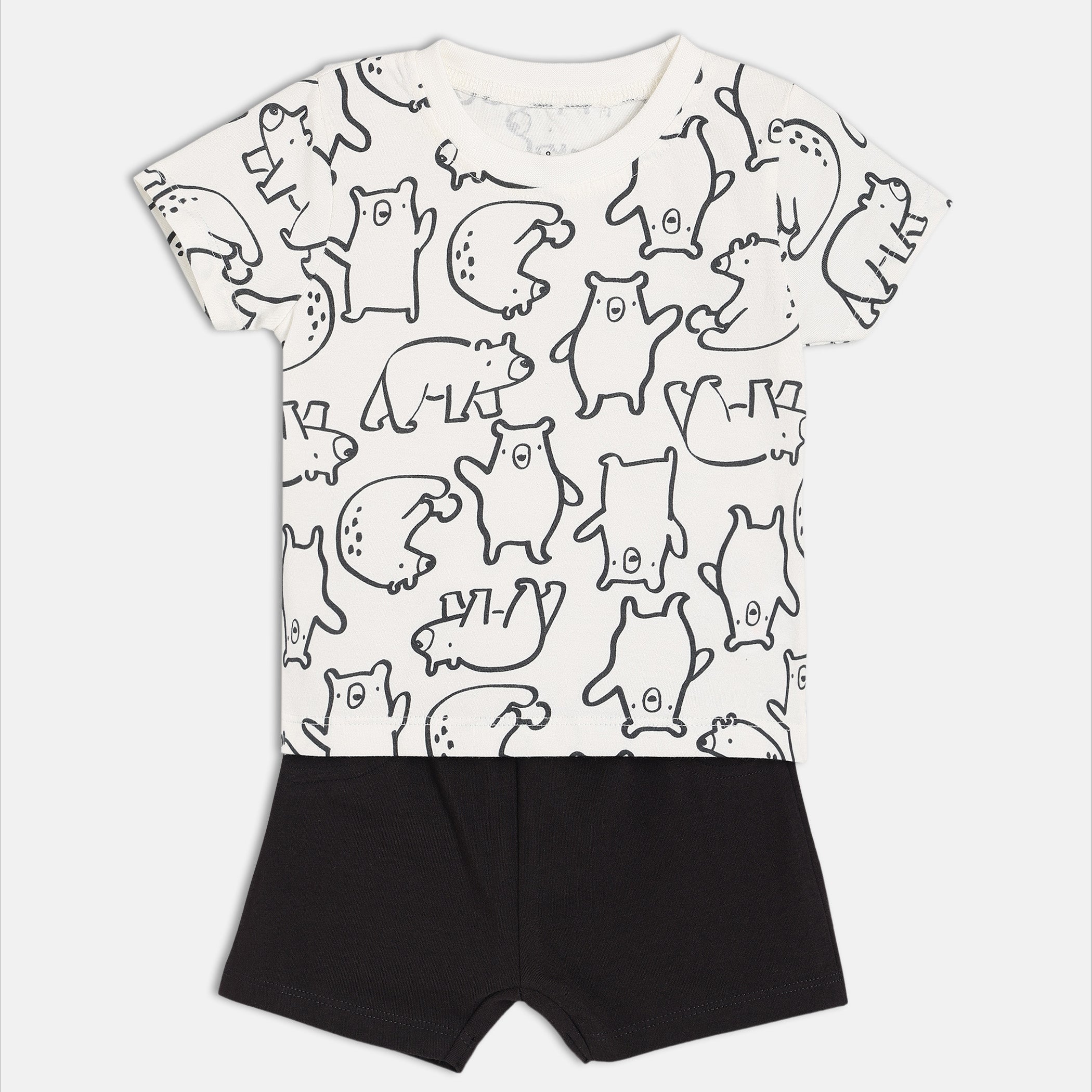 Baby Boys Bear Print T-Shirt and Solid Shorts Set , White and Black