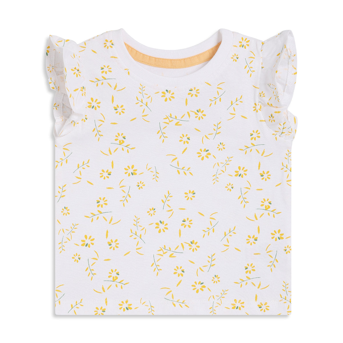 Baby Girls White and Yellow Floral Printed Cotton Regular Fit Flutter Sleeve Top