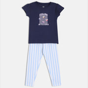 Baby Girls Printed Top and Striped Leggings Set , Navy Blue and Light Blue