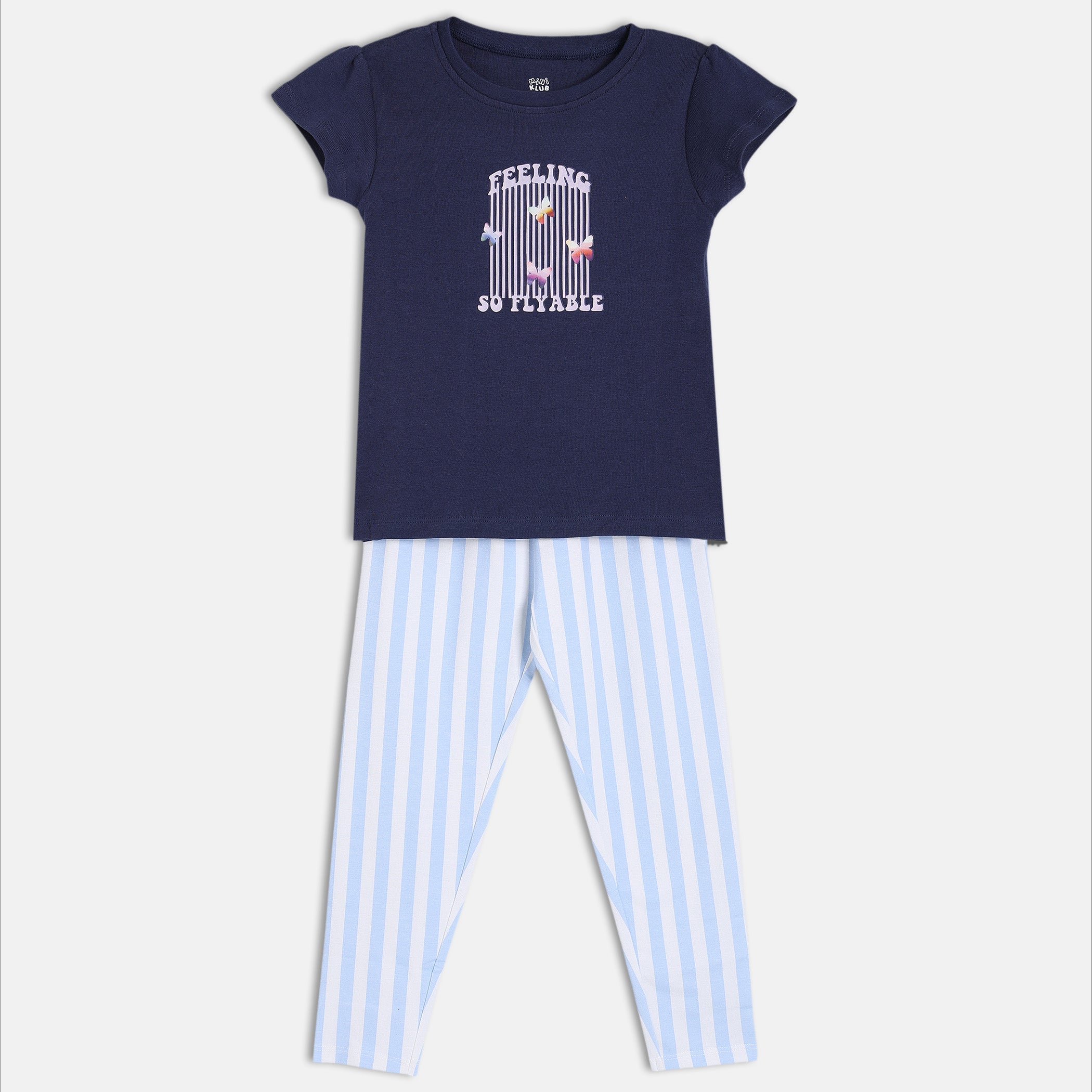 Baby Girls Printed Top and Striped Leggings Set , Navy Blue and Light Blue