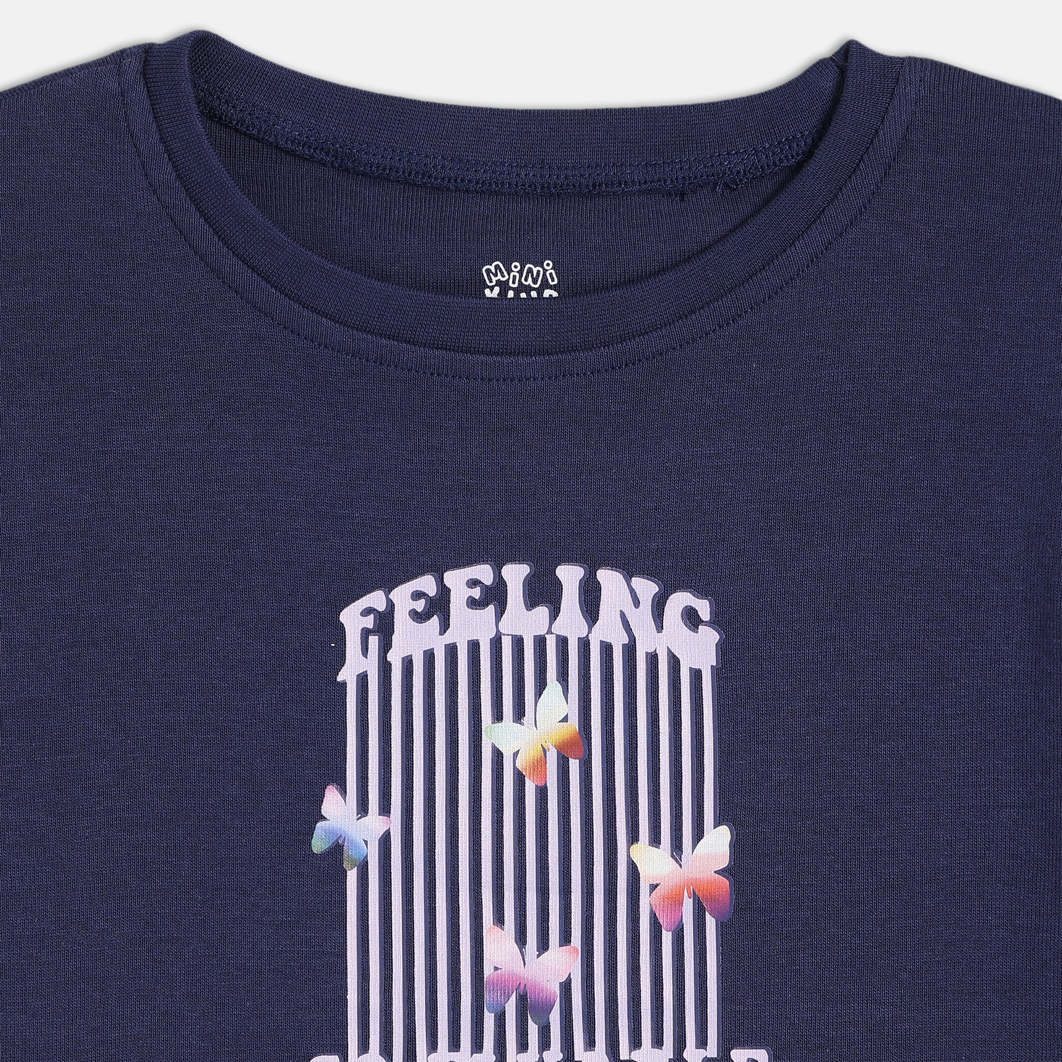 Baby Girls Printed Top and Striped Leggings Set , Navy Blue and Light Blue