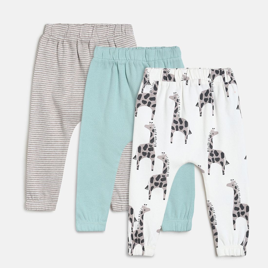 Baby Boys Grey, Mint Green and White Cotton Printed Joggers Pack of 3 Regular Fit Casual Bottom Wear