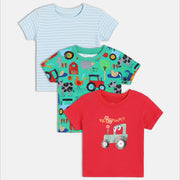 Baby Boys Printed Short Sleeve T-Shirts Pack of three, Red, Green and Light Blue