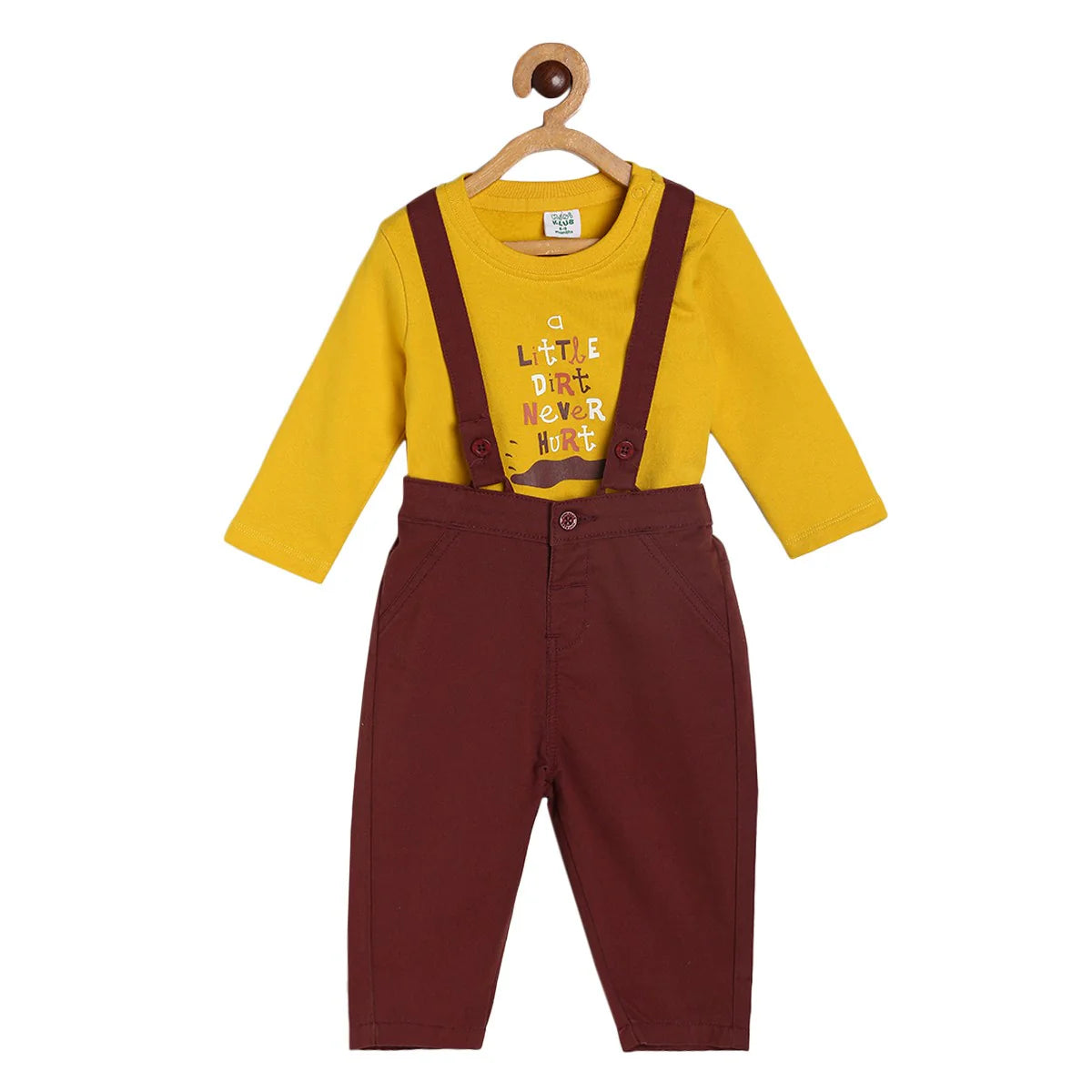 Baby Boys Graphic Print T-Shirt with Suspender Pants Set, Mustard and Maroon