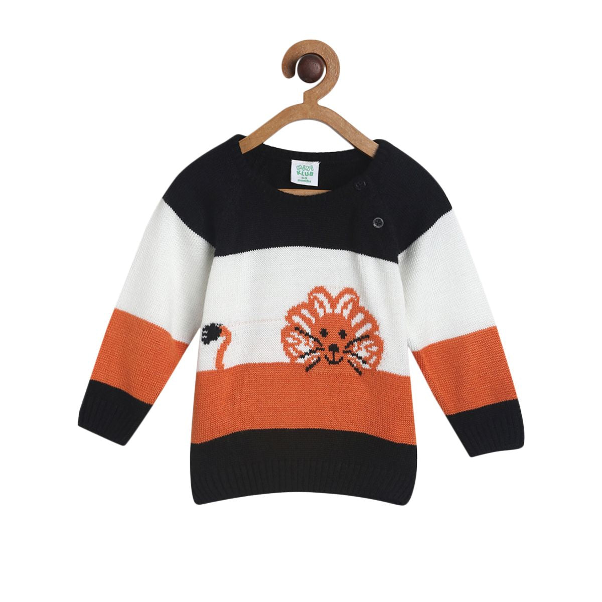 Baby Boys Black, White and Orange Knitted Striped Sweater Regular Fit Winter Wear Sweater