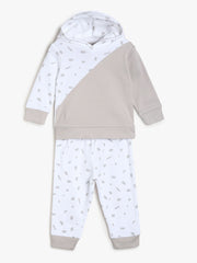Baby Boys Printed Hoodie 2PC Set, White & beige